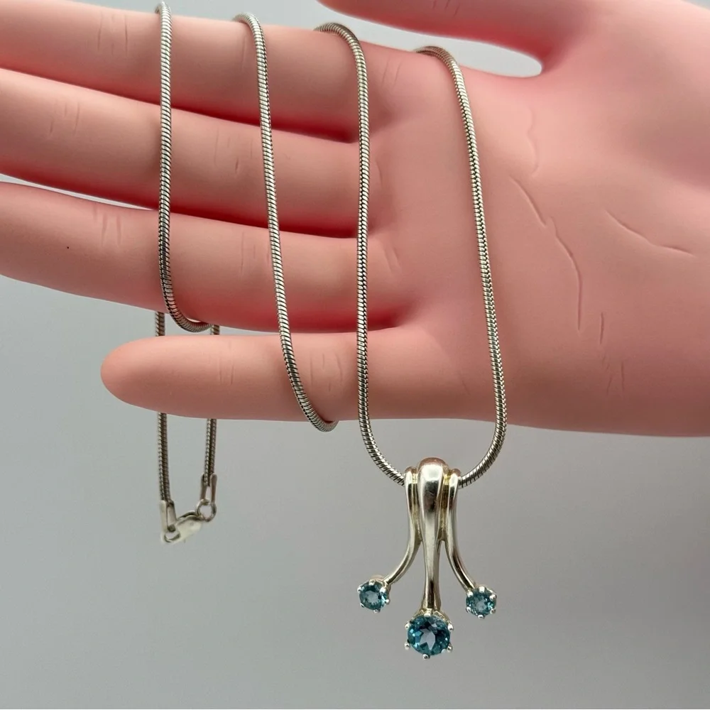Sterling Silver Genuine Blue Topaz Triple Drop Pendant Snake Chain